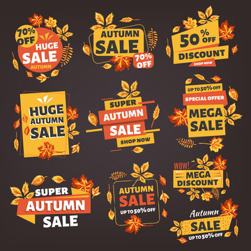 Vector illustration of orange autumn sale badges. Discount promotion design combines bold marketing style with seasonal autumn theme for business and commerce use.