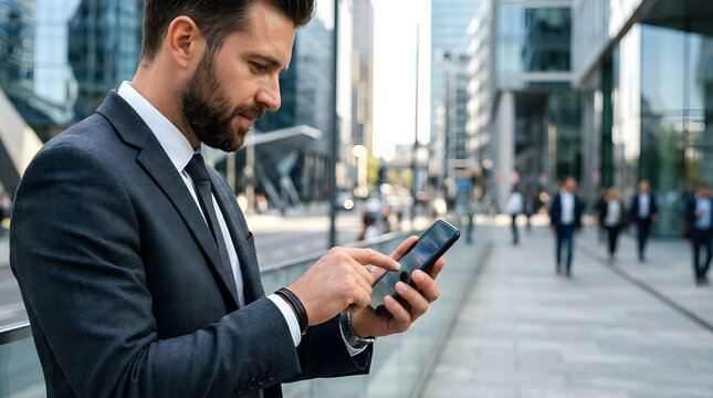 A confident businessman using a smartphone outdoors in a modern urban environment, representing mobile technology, digital communication.