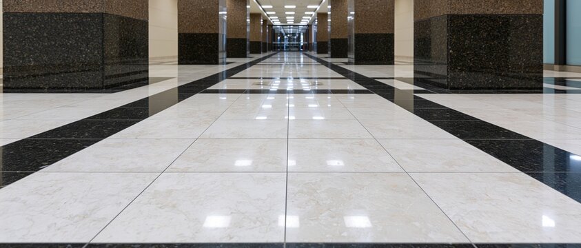 Low angle view of a long polished marble and black tile hallway in a corporate lobby with reflective floor and columns