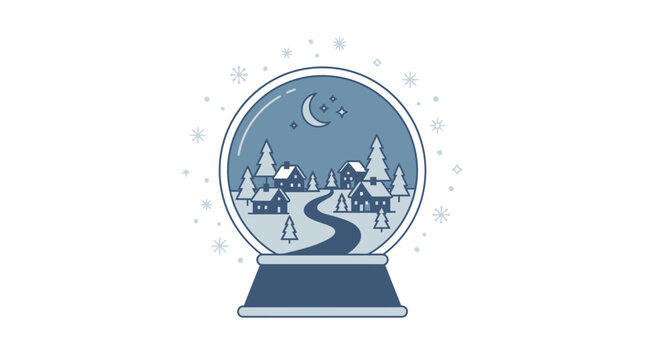 Snow globe showing winter village scene with moonlit path with houses under moonlight displays snowy village winding path trees villageillustration