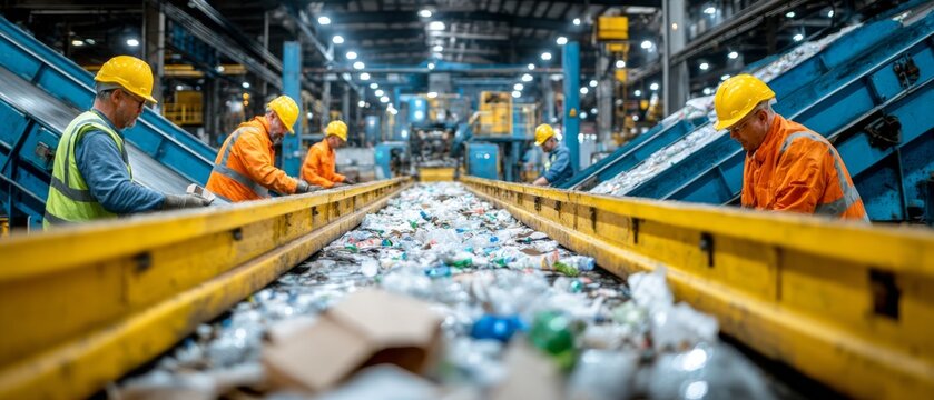 Workers in safety gear sort recyclable waste on a conveyor belt in an industrial facility background.