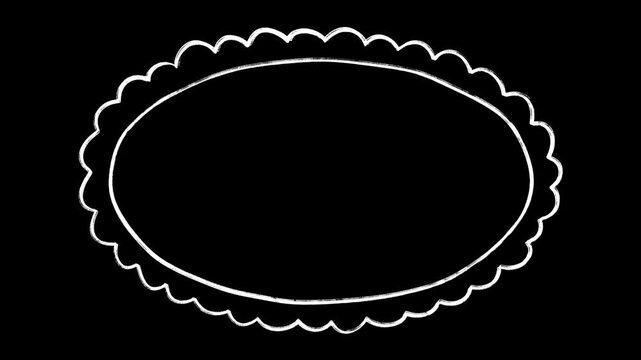 Animated seamless loop of white scalloped oval frame on black background. Playful sketchy border animation for video overlays, photo framing, title cards, social media reels, creative video transition