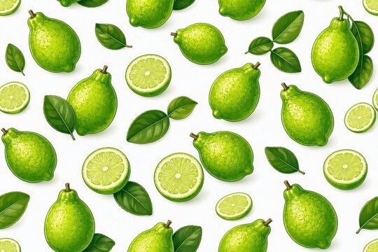 A seamless pattern featuring kaffir limes (both whole and sliced) on a white background, suitable for fashion design, fabrics, wallpaper, and all types of print applications