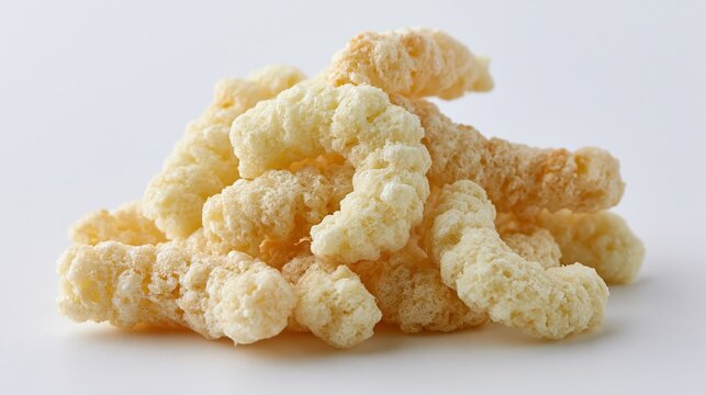 The Crispy Pork Rinds Piled on White Background with Light Golden Texture