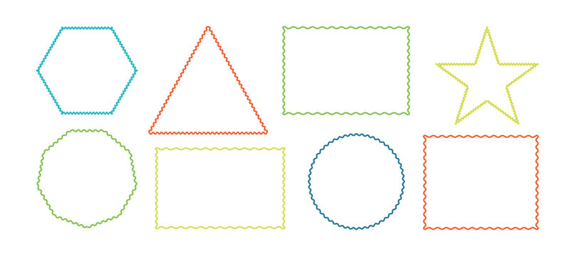 Collection of hand drawn wavy frames and abstract borders in outline. Decorative shapes including rectangles, circles, ovals, stars, and labels. Zigzag wavy edges, rectangles, photo frames, text box. 