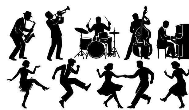 SEO Title:
Vintage Jazz Musicians and Swing Dancers Performance Black Silhouette Vector Set