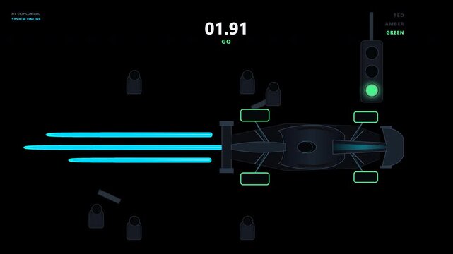 Racing Car Pit Stop Broadcast HUD Interface featuring Digital Timer Telemetry Graphics for Tire Service Status and Traffic Light Signal on Transparent Background for Sports Infographics and Analysis
