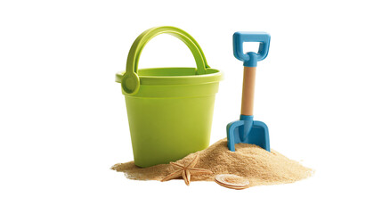 Green plastic bucket and blue shovel with sand starfish and seashell © Thaddeus