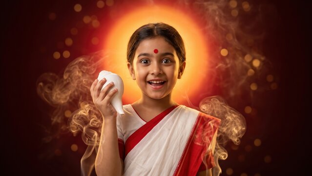 Durga Puja Girl with Conch Shell &ndash; Bengali Child in White Red Saree Celebrating Festival
