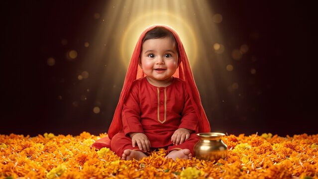 Indian Baby in Red Chunri &ndash; Adorable Child Surrounded by Marigold Petals and Navratri Puja Elements