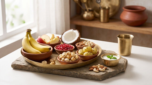 Traditional Hindu fasting food arrangement for Ekadashi