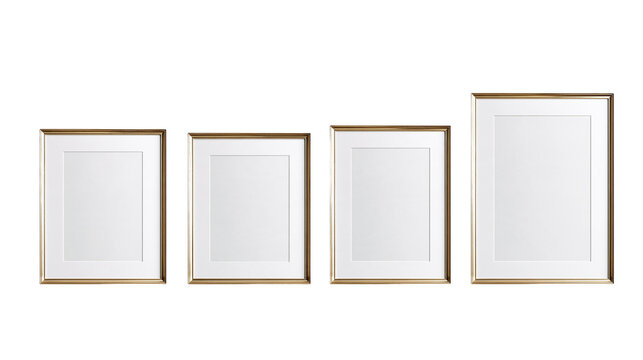 Four empty rectangular picture frames with gold borders and white matting