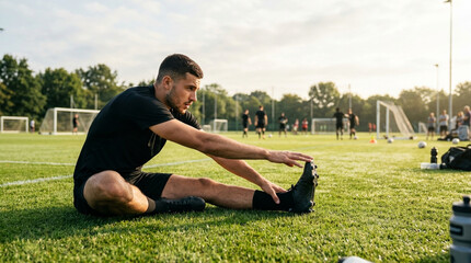 Fototapeta premium A young male athlete in black sportswear performing a seated hamstring stretch on a green grass soccer field during a training session with teammates and goalposts in the background.