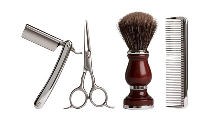 Obraz premium Straight razor barber scissors, wooden shaving brush and metal comb set