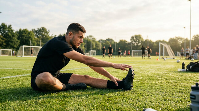 A young male athlete in black sportswear performing a seated hamstring stretch on a green grass soccer field during a training session with teammates and goalposts in the background.