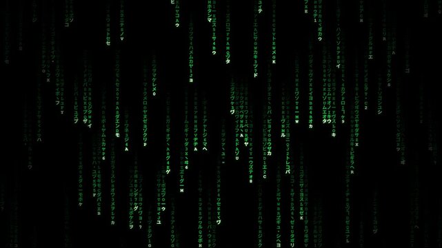Premium 10-second seamless looping 4K background of the iconic hacker digital code rain (Matrix effect). Features authentic falling Katakana and Latin characters, glowing white leading characters