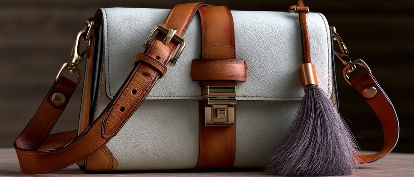 A white leather handbag with brown straps and a purple tassel against a blurred background.