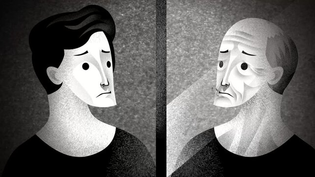man looking into a mirror and watching himself age and lose his hair
