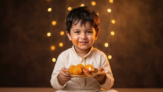 Diwali Toddler with Laddoo Plate &ndash; Cheeky Indian Child Enjoying Traditional Festival Sweets
