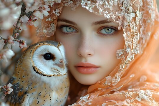 woman with lace headscarf posing beside a barn owl near blossoms