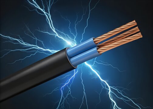 Electric Cable with Copper Wires and Lightning &ndash; Energy, Power, Electricity, Conductivity, Technology, Industry, Engineering, Connection
