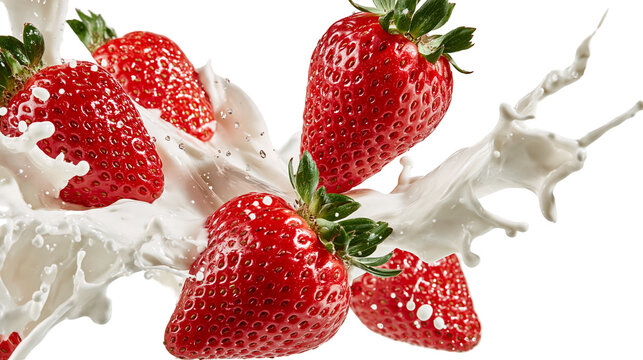Fresh red strawberries splashing in creamy white milk