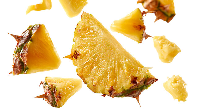 Fresh juicy pineapple slices and chunks falling in the air