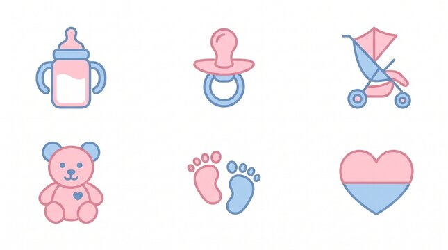 Cute Baby Icon Set: A collection of charming pastel icons representing essential baby items like a feeding bottle, pacifier, stroller, teddy bear, tiny footprints, and a heart symbol.