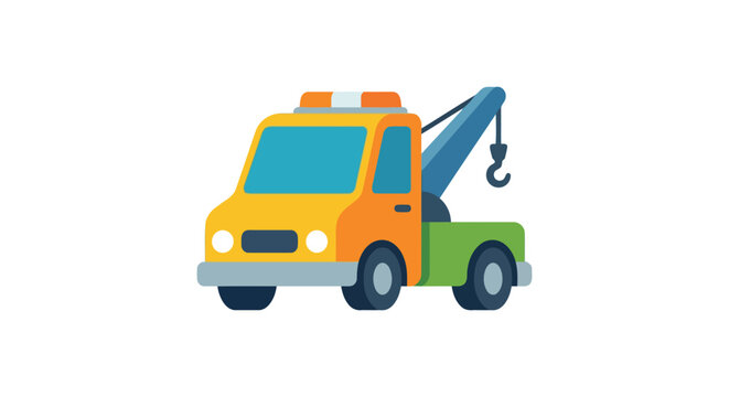 Flat vector illustration of a yellow and green tow truck with a lifting hook
