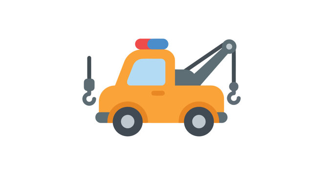 Flat vector illustration of an orange tow truck with a lifting hook and blue lights