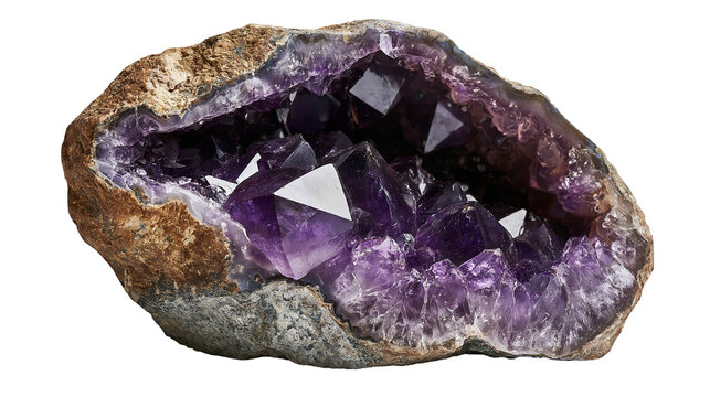 Deep purple amethyst crystal geode with jagged quartz points and rough rock crust