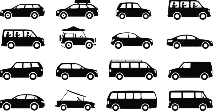 Black and white of various car types from side view vehicle automobile sedan hatchback