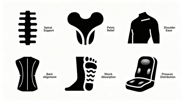 Icon of human body protection equipment, spinal support, cushioning and shock absorption, suitable for cross-border product promotion of seat cushions and back protection equipment.
