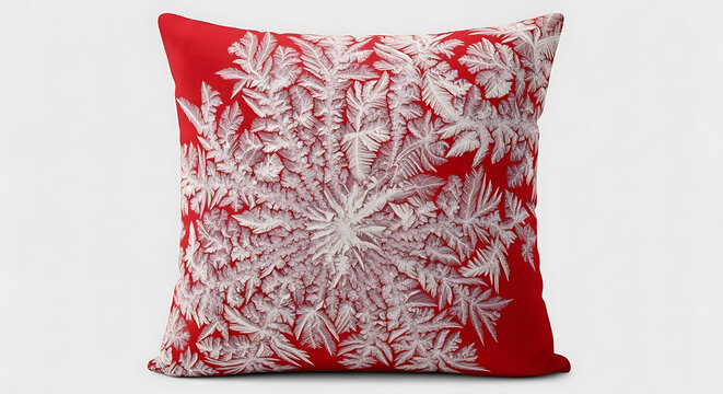 Red throw pillow with a white frost pattern and snowflake design