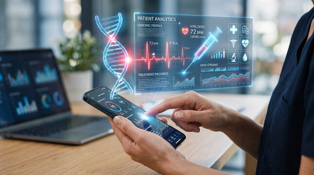 Futuristic healthcare interface displaying DNA, vital signs, and data streams, symbolizing advanced medical analysis and personalized treatment