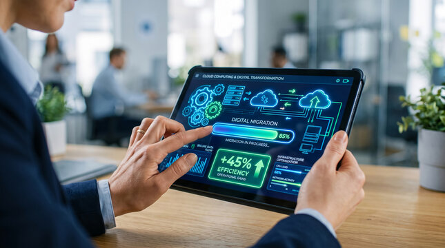 A digital display shows cloud computing and data migration progress, symbolizing technological advancement and efficiency gains in business operations