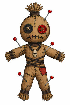 Creepy stitched voodoo doll with pins and skull necklace isolated on white background