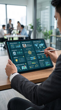 Man reviews candidate data on a tablet, showcasing resume analysis and global talent pool metrics, representing business analytics and recruitment efficiency