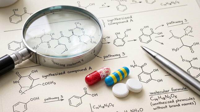 Chemical formulas with a magnifying glass and pills, symbolizing scientific research, drug development, and medical discovery