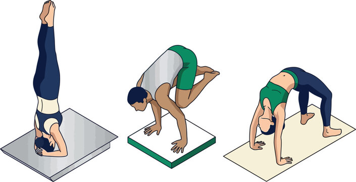 Advanced Yoga Poses Isometric Vector Graphic Set Featuring Men and Women Practicing Headstand Crow Pose and Wheel Backbend on Workout Mats
