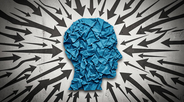 Crumbled blue paper in head silhouette surrounded by many black arrows, symbolizing pressure, conflict, and mental overwhelm