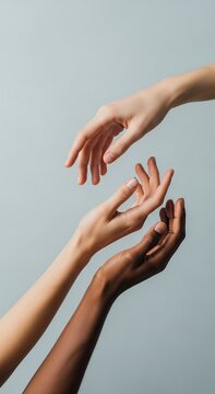 Diverse Hands Reaching Together Three Multi-ethnic Hands Reaching Towards Each Other Against Neutral Background ideal for diversity campaigns and community outreach.
