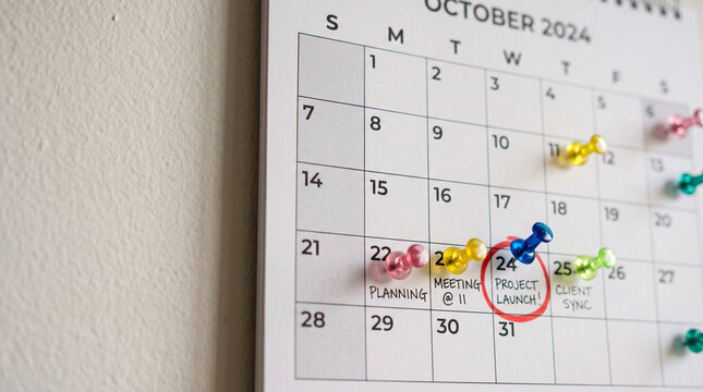 Close-up of a calendar marked with colorful pins for important dates and events, symbolizing planning, scheduling, and productivity.