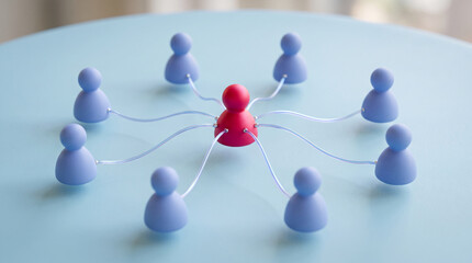 Obraz premium Abstract representation of a network, with a central red figure connected to multiple surrounding blue figures, symbolizing communication and collaboration