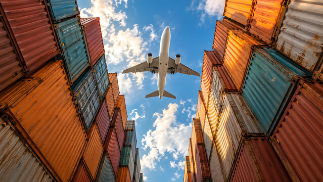 Cargo Airplane Flying Over Shipping Containers, Global Logistics and Air Freight Transportation, International Trade, Supply Chain, Import Export and Worldwide Delivery Concept