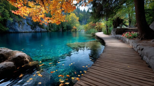 A wooden boardwalk curves along a turquoise lake with autumn leaves floating on the water and orange foliage overhead against a.
