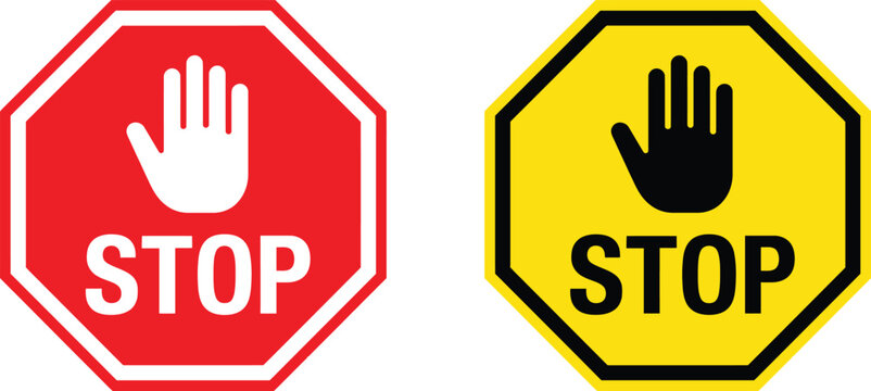 Red and yellow stop signs with hand icons isolated on a white background