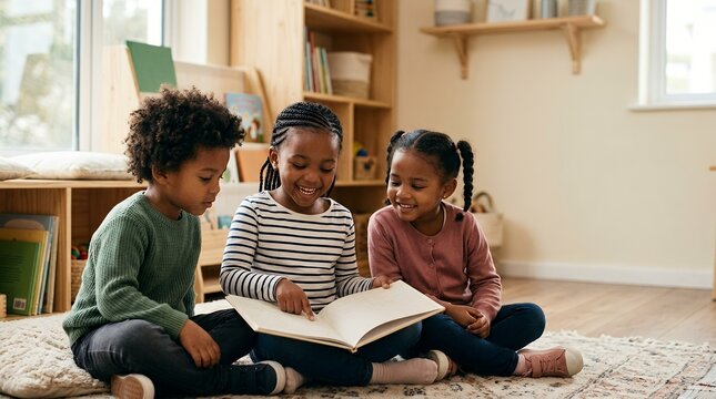 Three happy diverse children sitting on the floor reading a book together in a classroom.