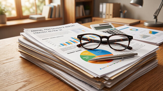 Stack of business reports and charts with glasses and pen, representing analysis and strategic planning, signifying professional work and organization