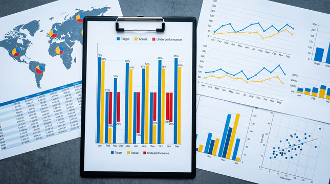 Collection of business charts and data analysis, including bar graphs, line charts, and a scatter plot, showcasing financial performance and global trends